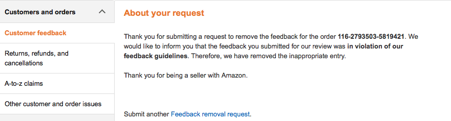 Amazon feedback removal message