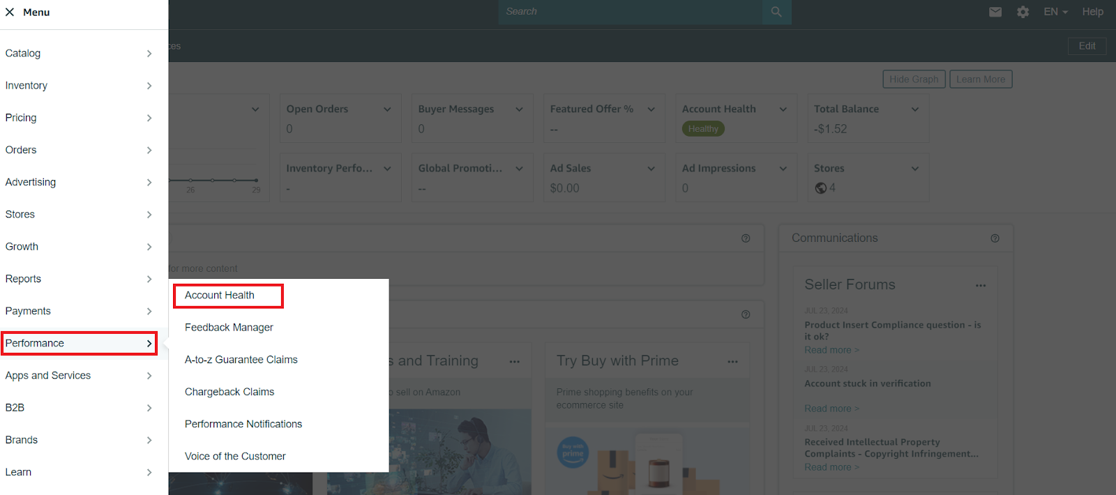 Sign in to your Amazon Seller Central account. In the menu, select Performance, then click Account health