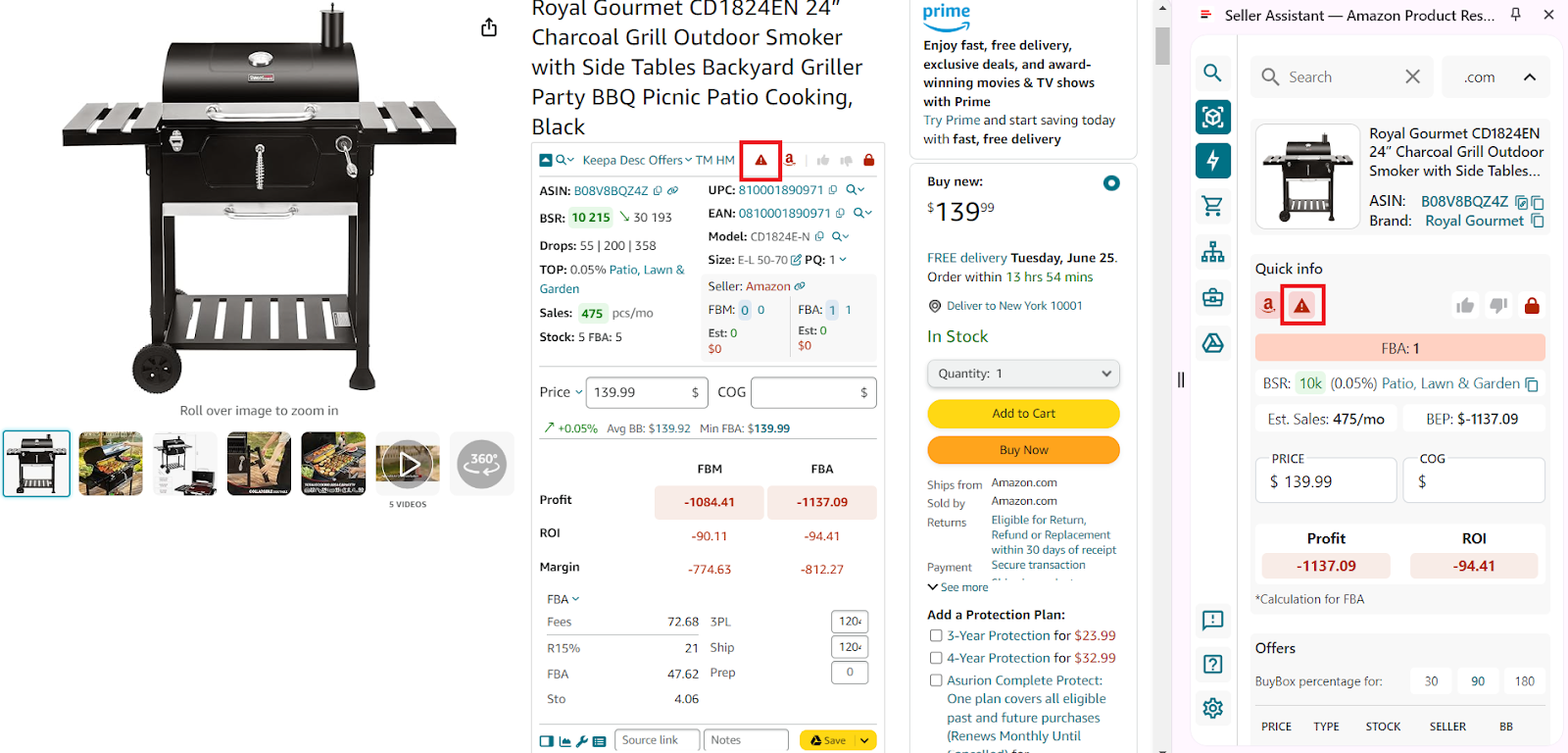 The IP Alert extension shows a red triangle icon on Amazon search and product pages, as well as in the Side Panel View on supplier websites