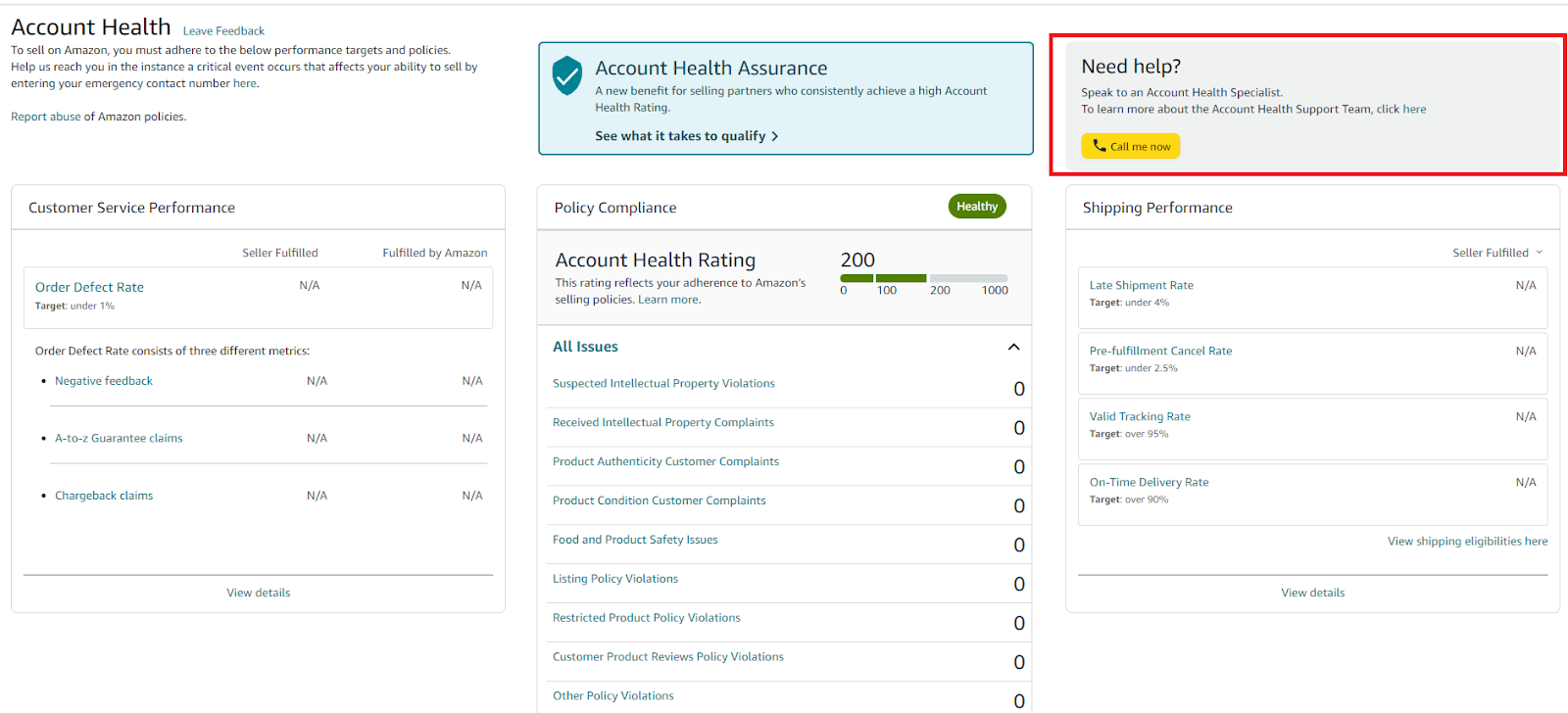 Enrolled  seller can reach out to an Account Health Specialist from their seller account