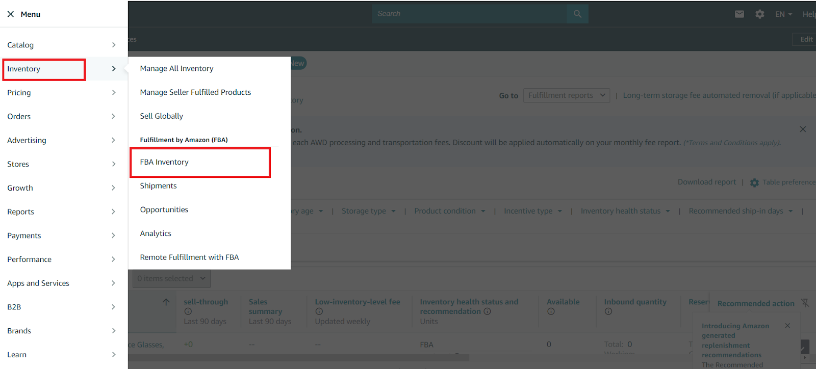 Start by finding the product you want to ship to FBA. Go to "Inventory" /> “FBA Inventory” section of Seller Central