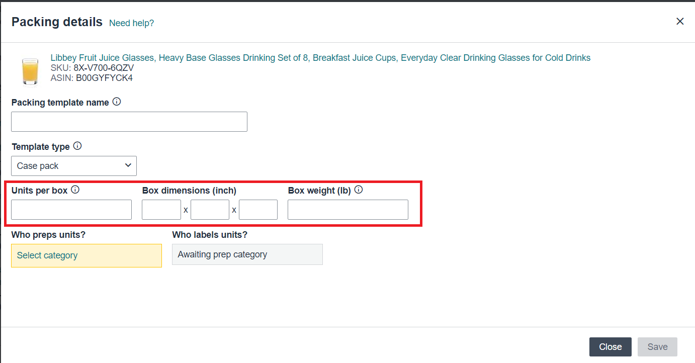 Enter product packing details, such as units per box, dimensions, and weight.