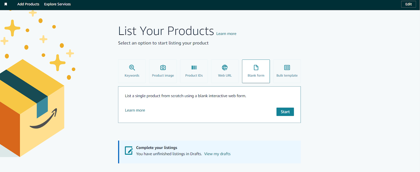 On the List Your Products page, choose Blank Form to create a listing from scratch