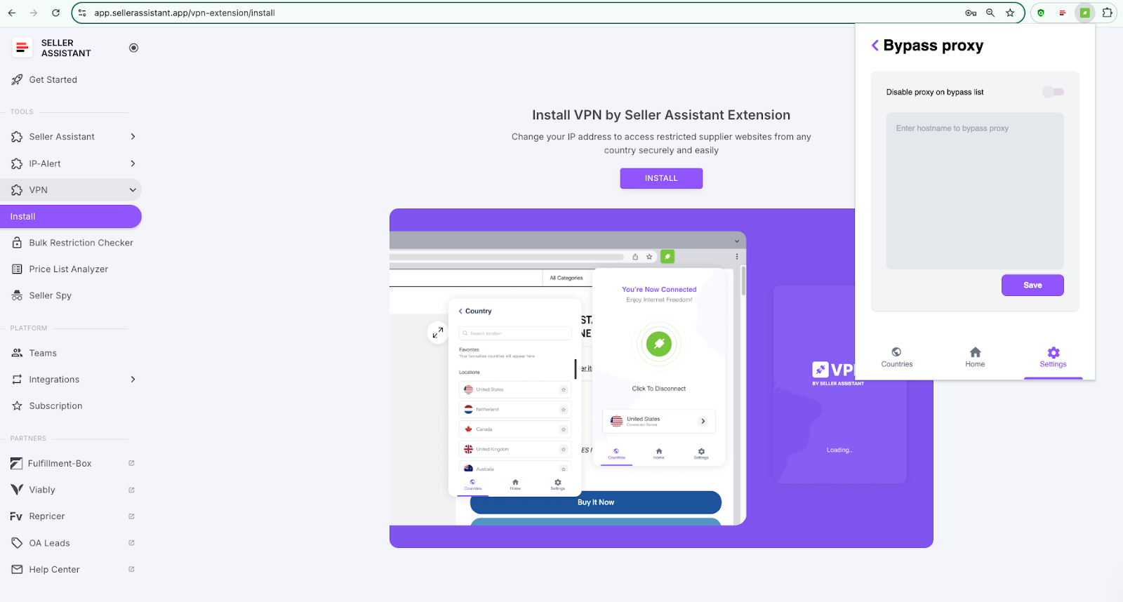 If you need to bypass the proxy while using Amazon Seller Central, go to the VPN Settings in the extension. Select "Bypass proxy,"