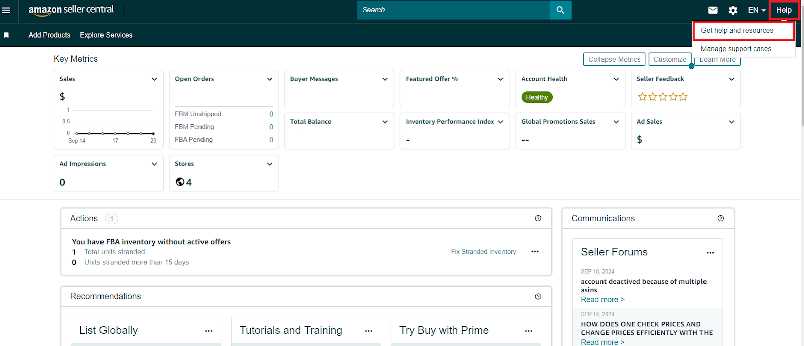 opening a ticket in your Seller Central account. Simply go to the Help menu, select "Get Help and Resources," and describe your issue