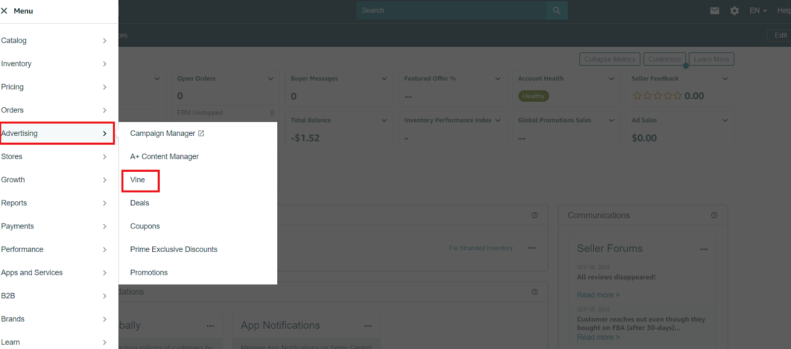 Navigate to the Advertising tab in the top menu and select Vine from the dropdown options