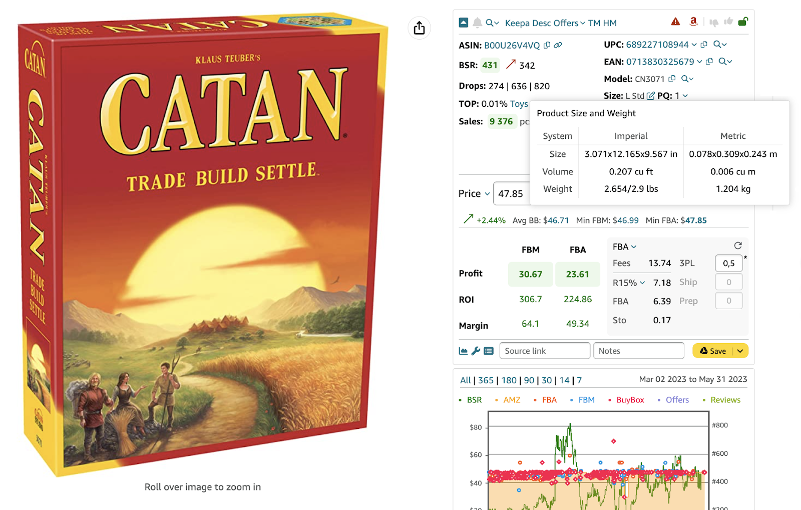 Seller Assistant shows unit's size and weight right on the Amazon product page