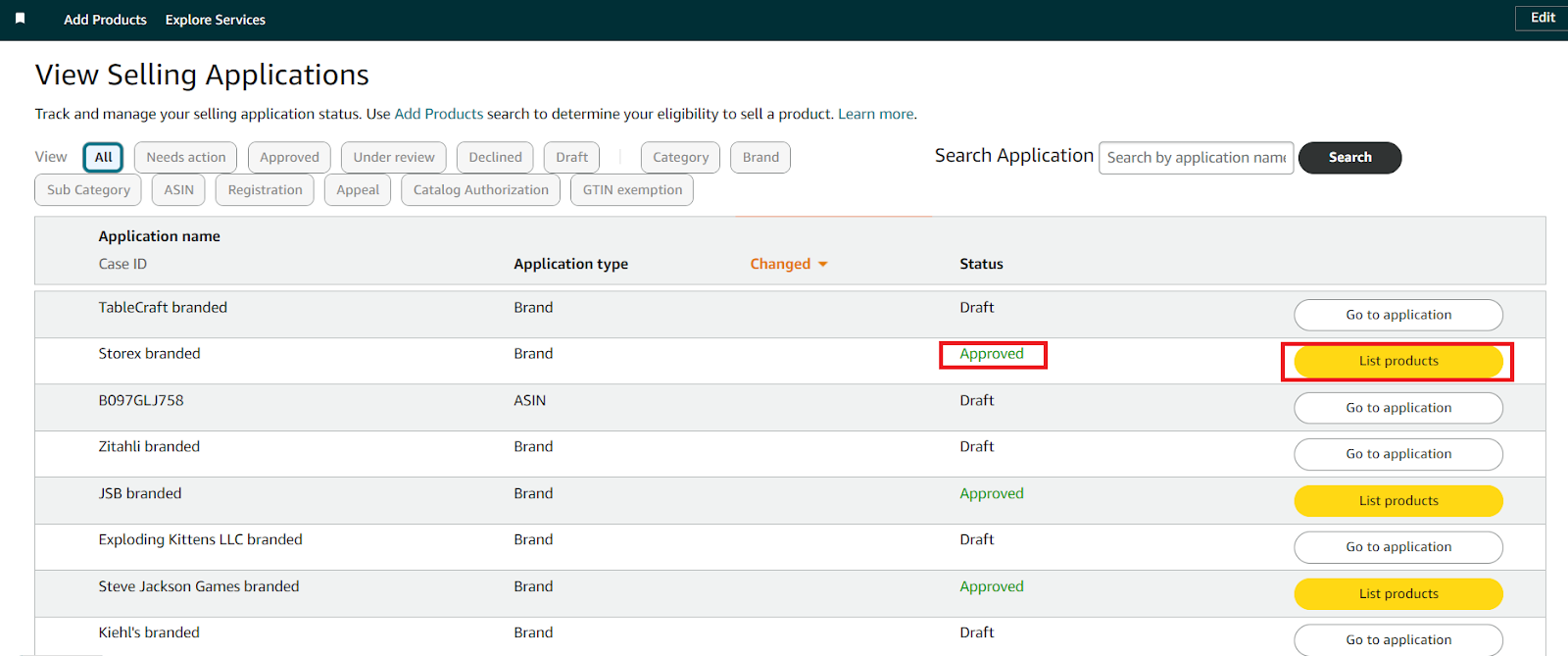 Once Amazon approves your application, you can list products under the restricted brand by selecting the "List Products" button within your Seller Central