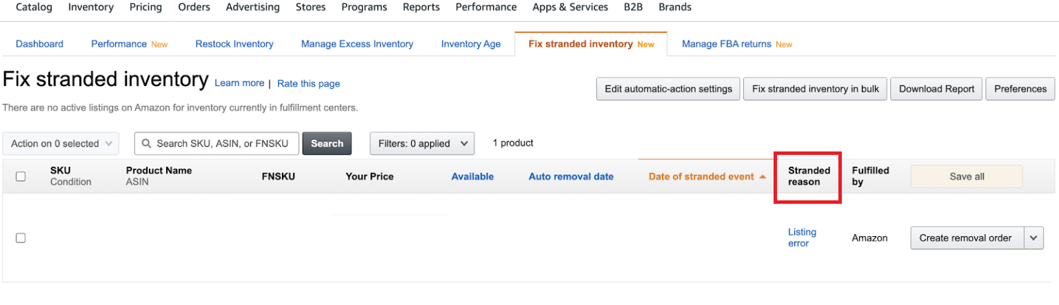 Click on the "Fix stranded inventory" tab to see the stranded ASINs