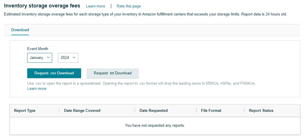 Inventory Storage Overage Fees report
