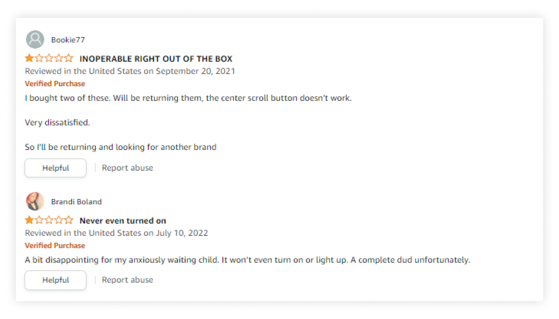 Пример отрицательного отзыва на  Amazon
