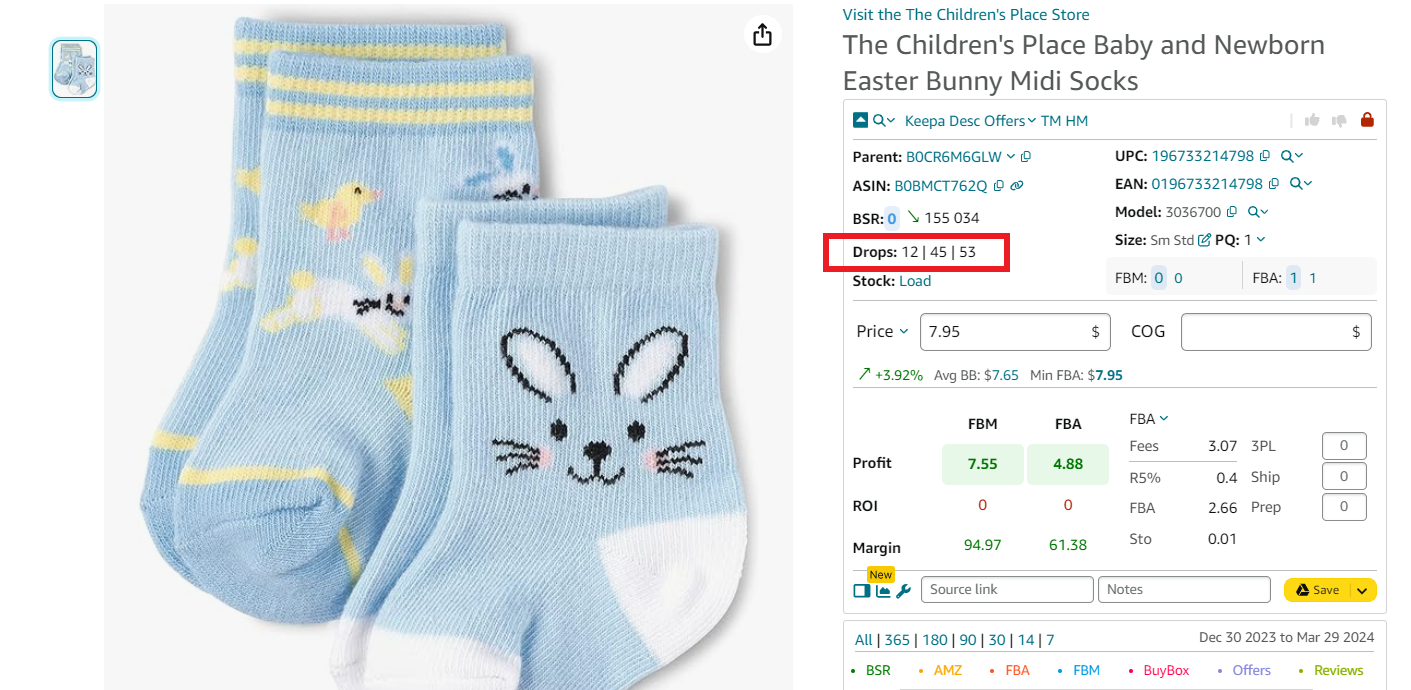 Seller Assistant displays BSR drops during 30, 90, and 180 days, and you can see how many sales occurred during these time slots