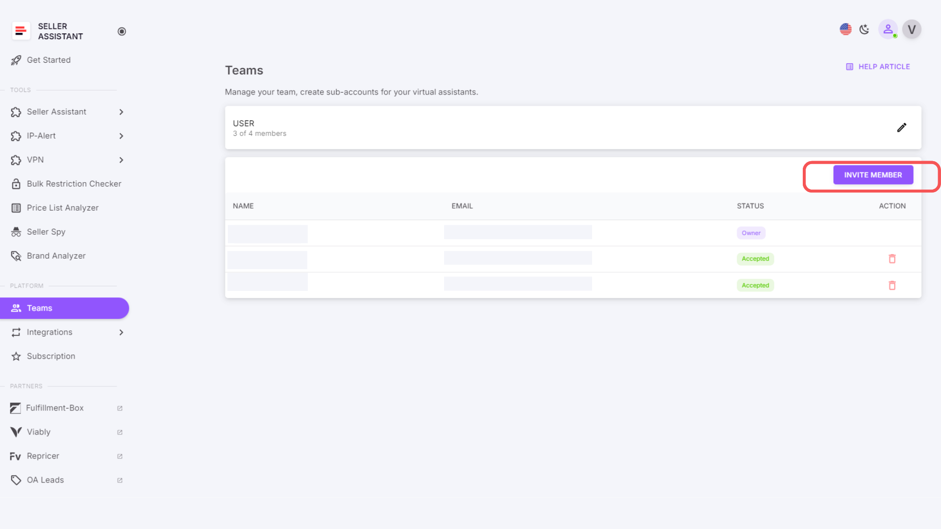 Invite your VAs or employees to a team by clicking Invite member.