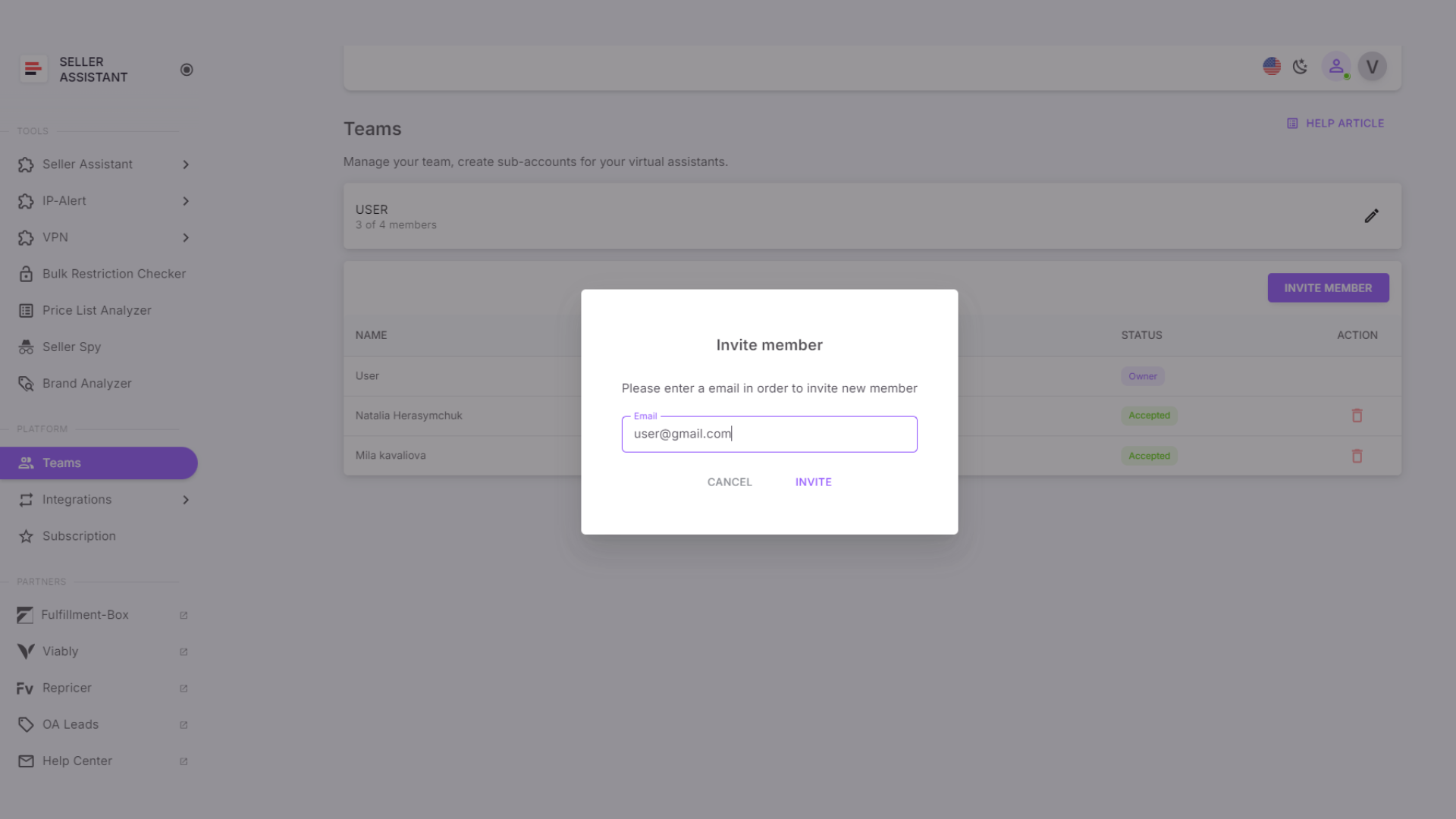 Send an invitation to join the team