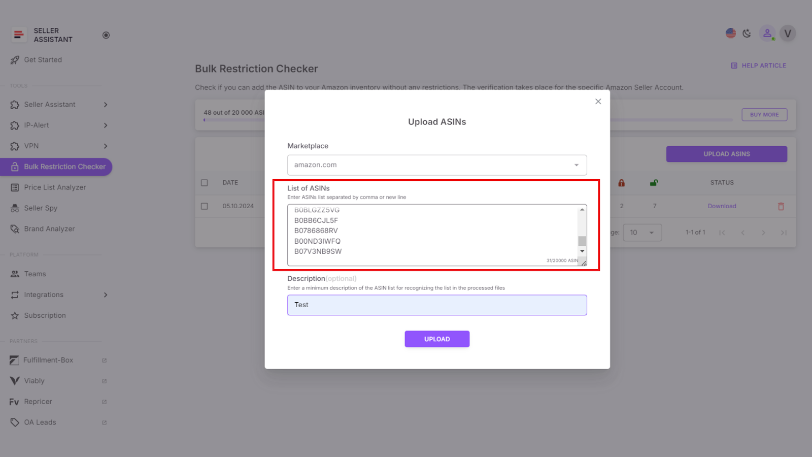 Enter your ASIN list separated by comma or a new line. 