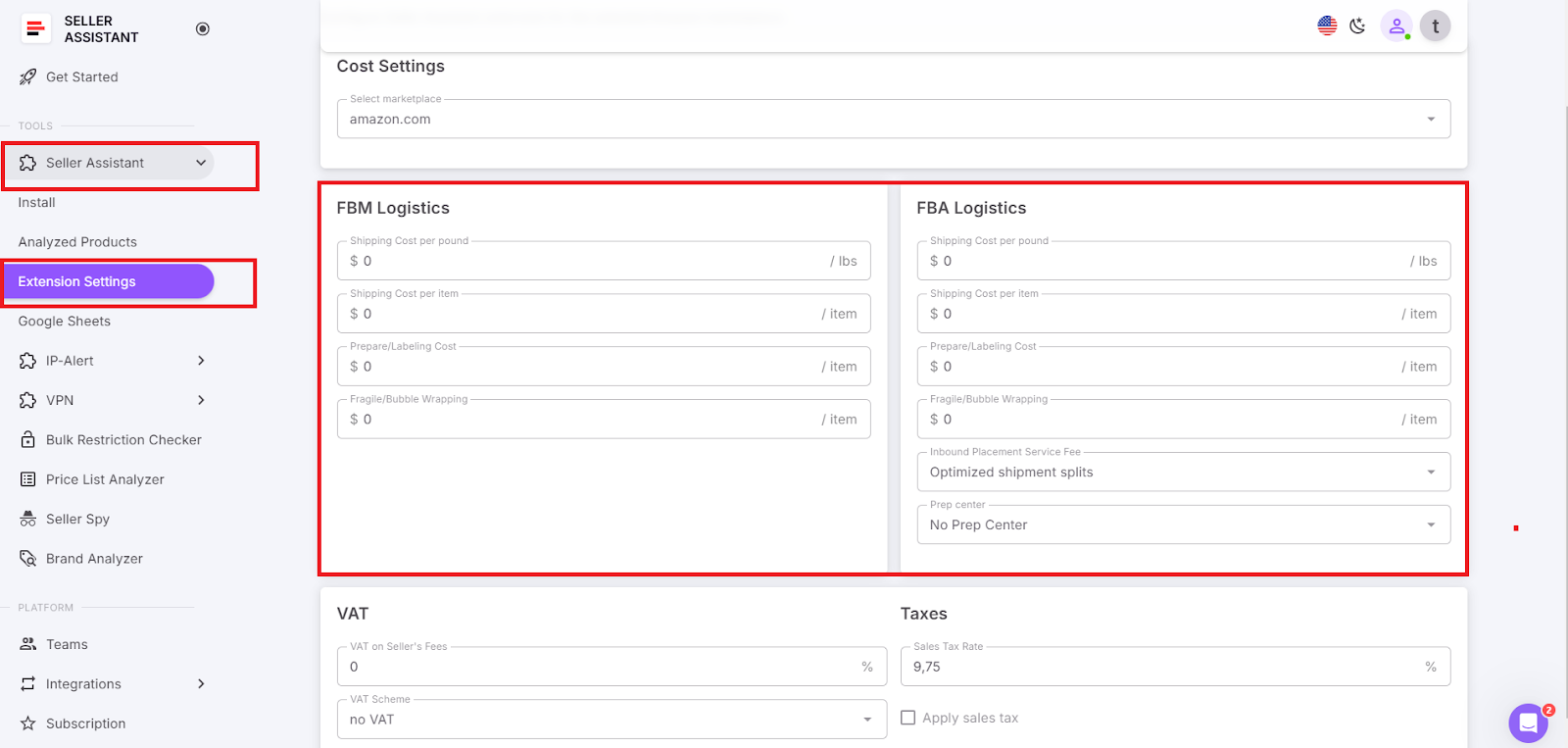 You can configure logistics costs in the settings so that you don’t have to do it manually each time