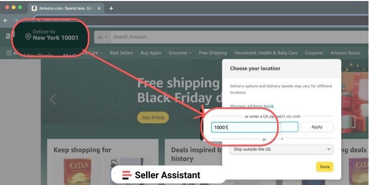 What to do Enter the target country and zip code in the "Deliver to" field on the Amazon page