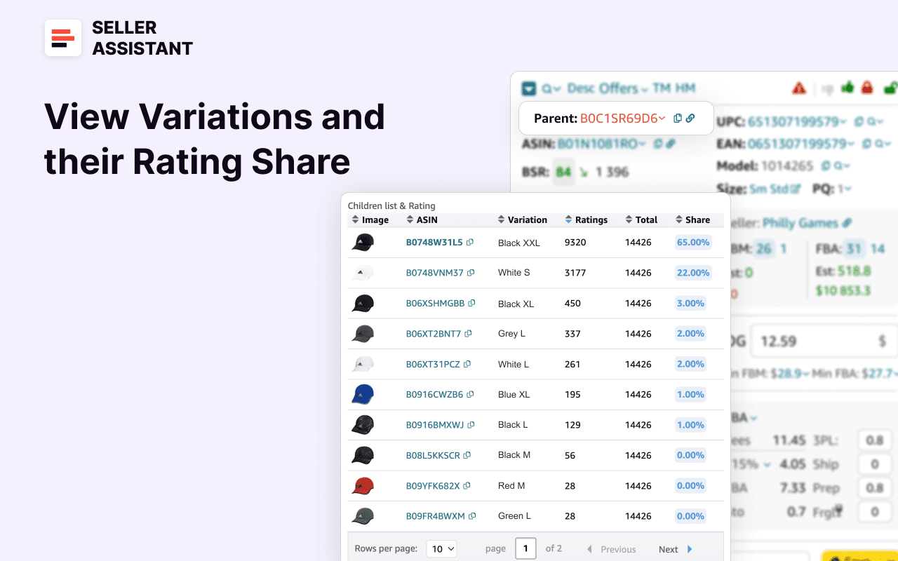 View Variations and their Rating Share with Seller Assistant 