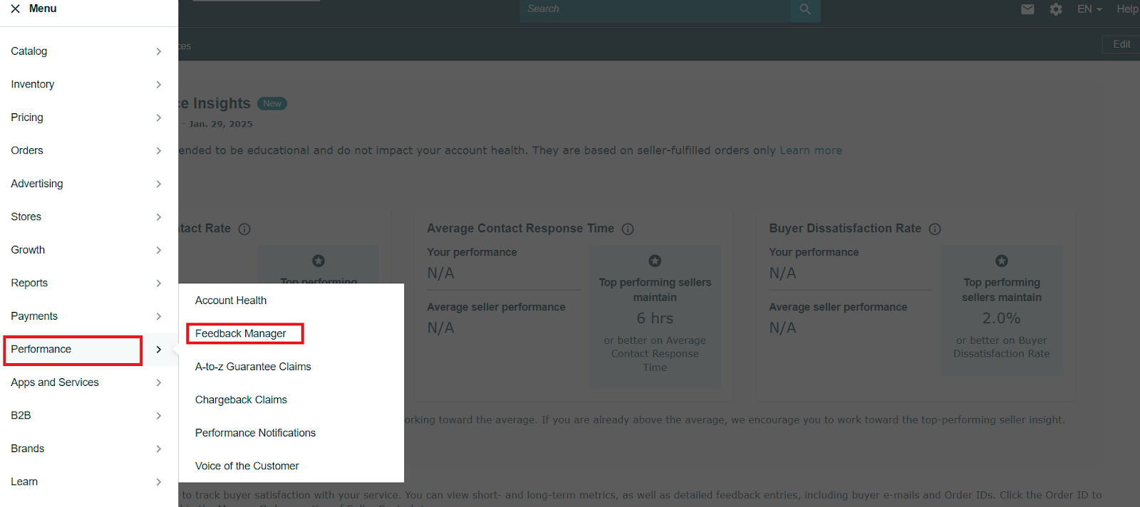 The Feedback Manager is located in the Performance section of your Amazon Seller Central account.