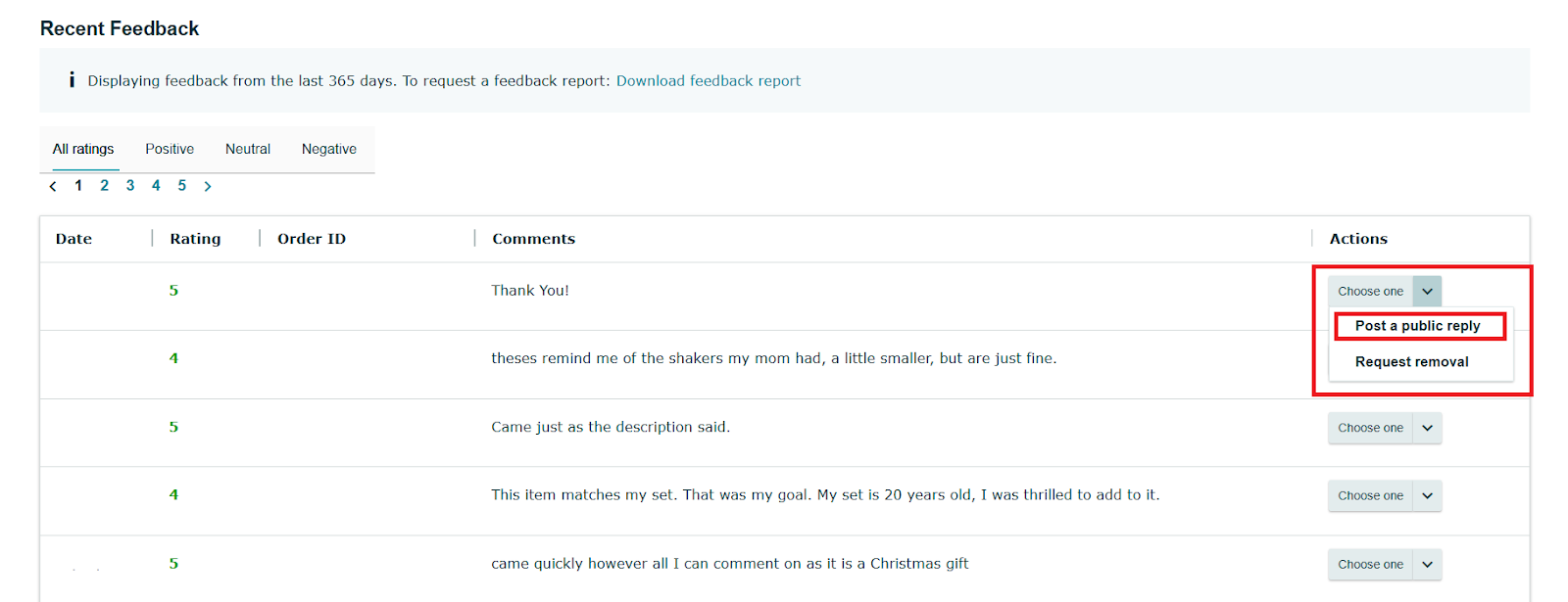 In the Recent Feedback section, find the negative feedback and select Post a Public Reply next to the corresponding Order ID.