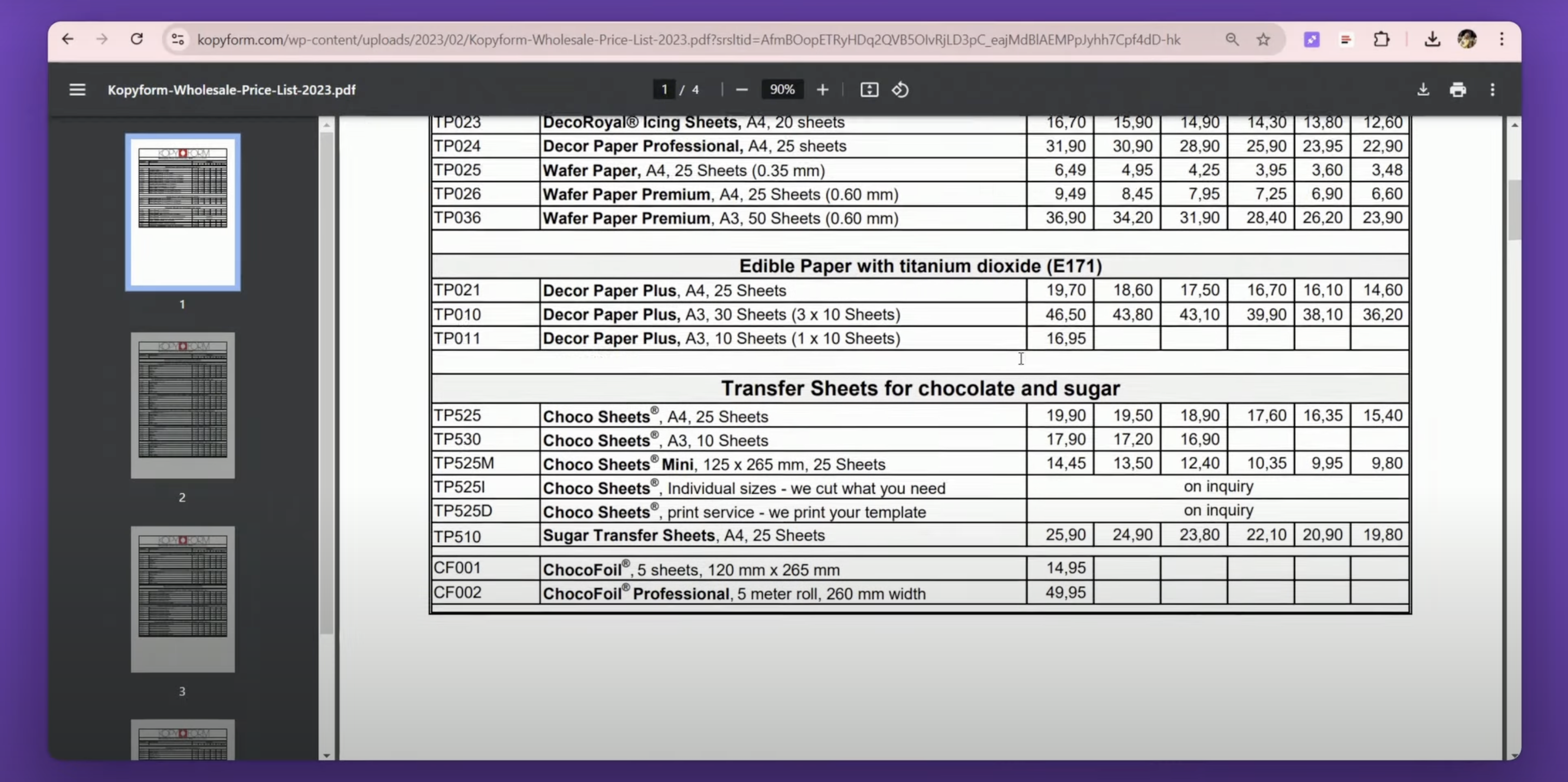 The price list with the products