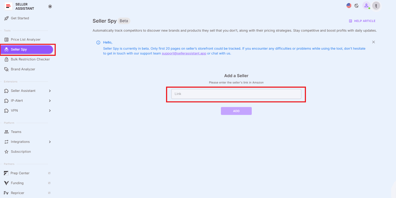 In your Seller Assistant personal account, access Seller Spy