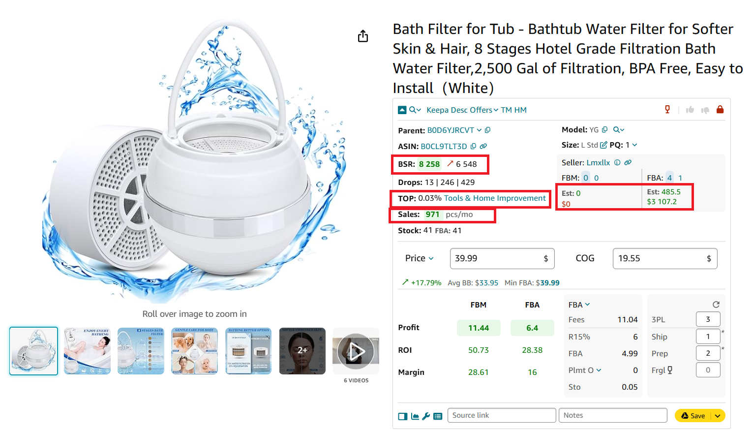The BSR field shows the product’s rank, Sales field estimates potential sales based on BSR, and the Est field shows your estimated sales.