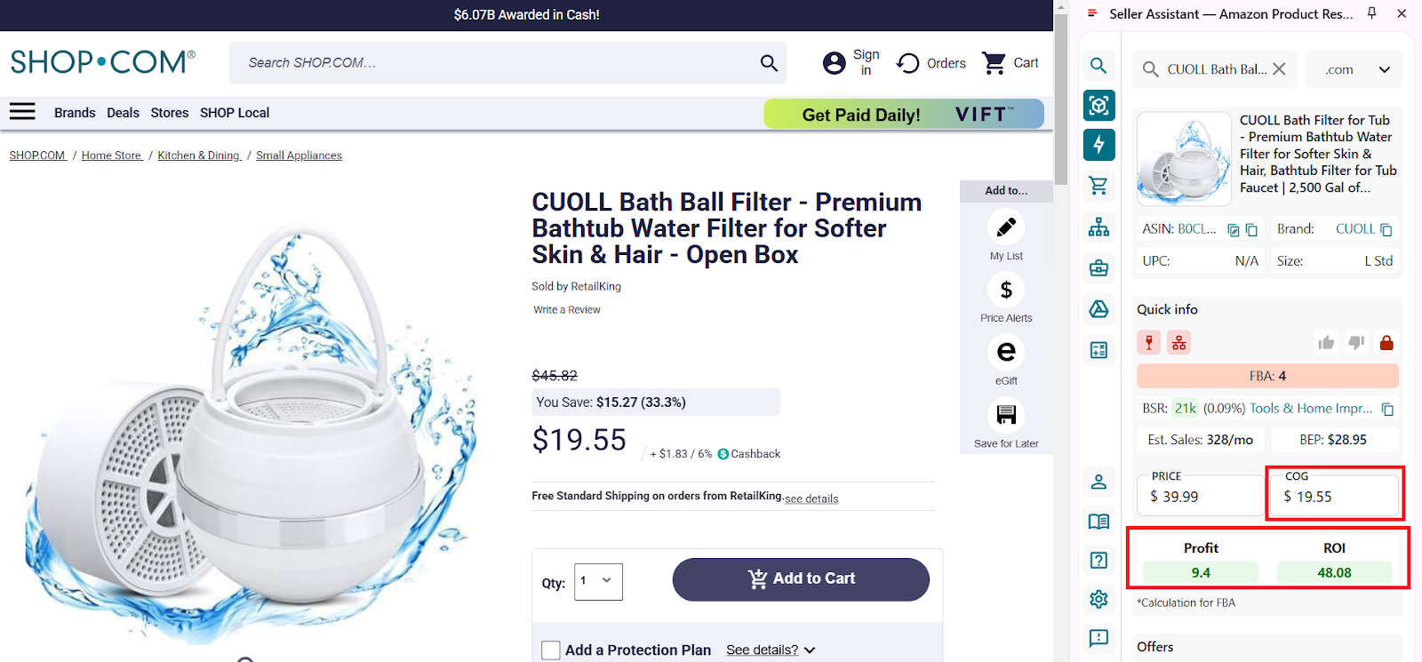 Enter COG (product price at the supplier), and look at the Profit and ROI (the calculation is done for FBA).