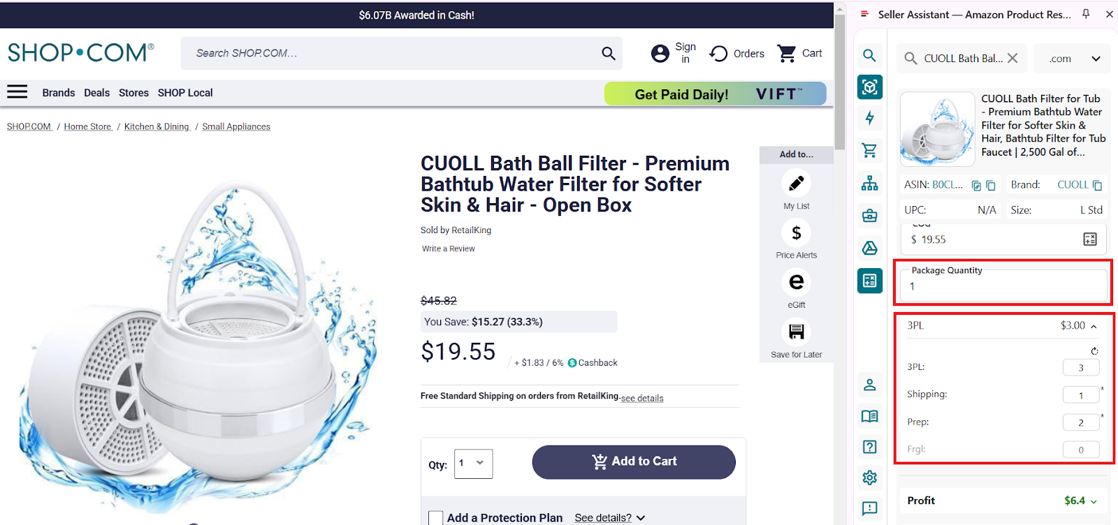 Enter package quantity and logistics costs. For FBA it’s prep costs (the product is fragile, we need extra packaging) - $2, and shipping cost - $1. Total logistics cost is $3.