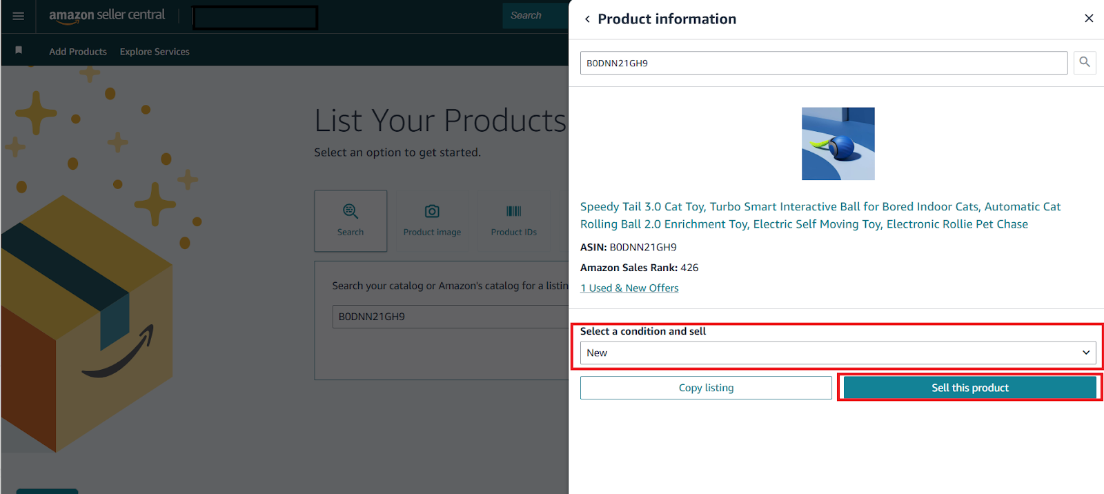 Specify the condition (new, used, or refurbished). Click Sell this product to proceed.