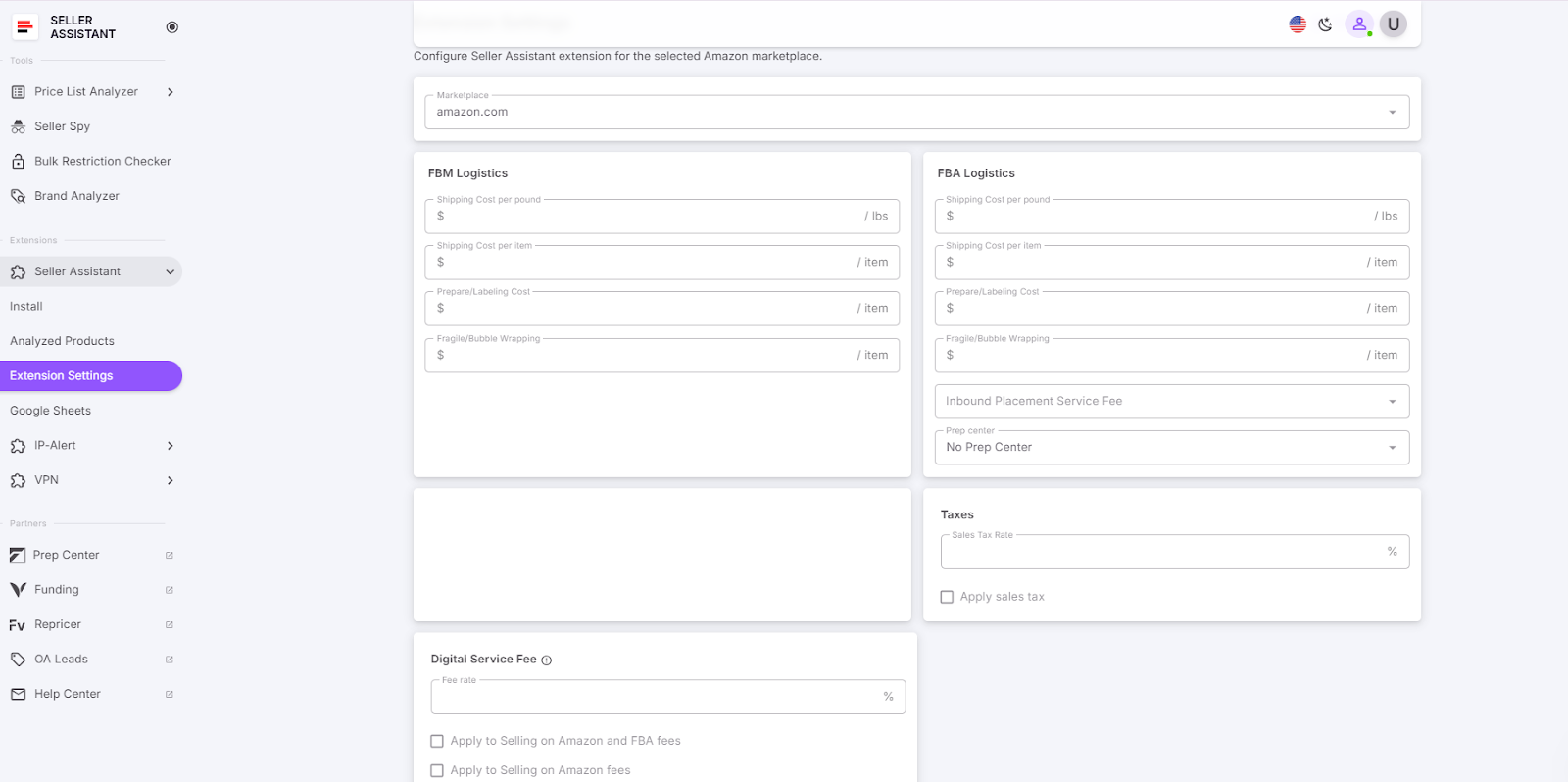To configure logistics costs, go to Seller Assistant /> Extension settings, and add settings
