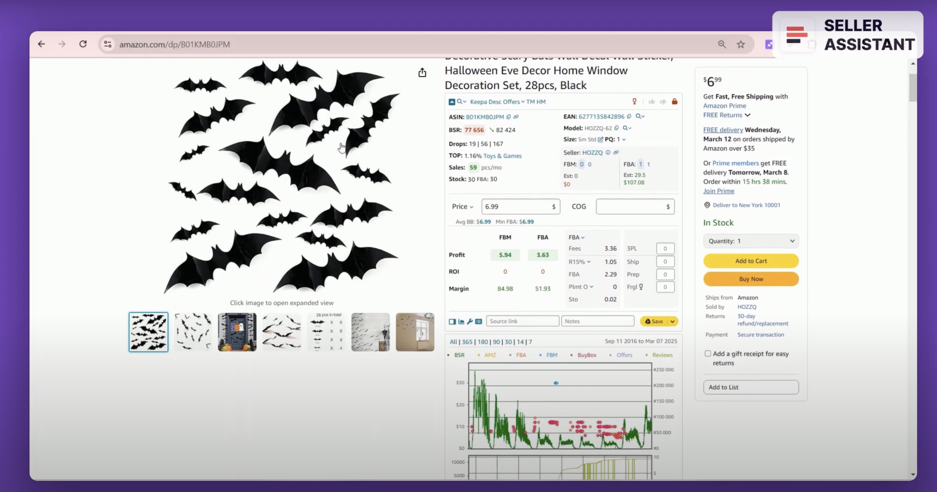 Where does Seller Assistant show Keepa charts?