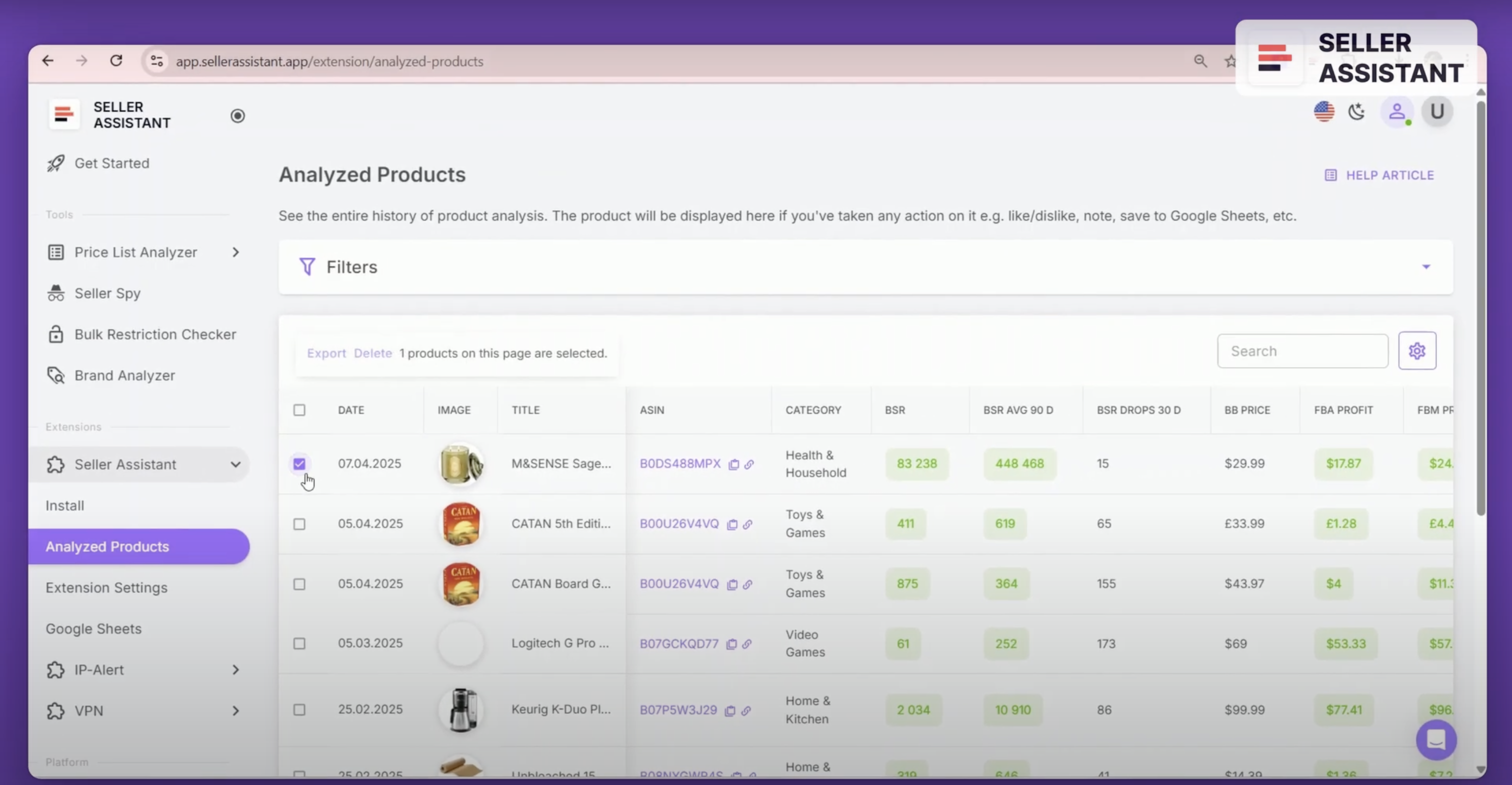 To export your product sourcing results to Google Sheets using Seller Assistant