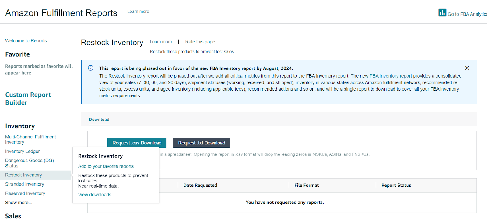 The FBA Inventory report offers recommendations on which products to restock, along with suggested quantities and shipping dates
