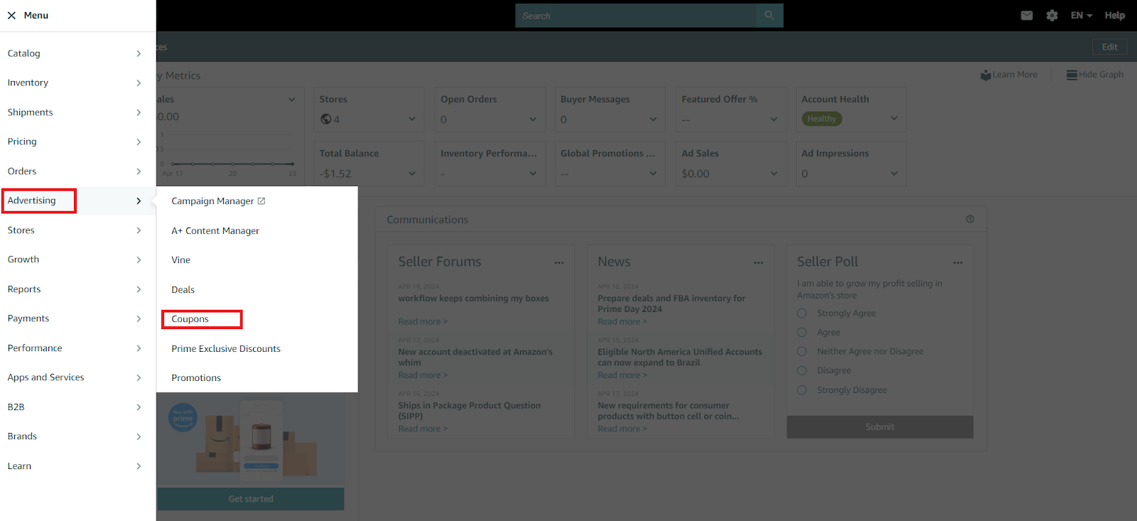 Go to Advertising /> Coupons in Seller Central