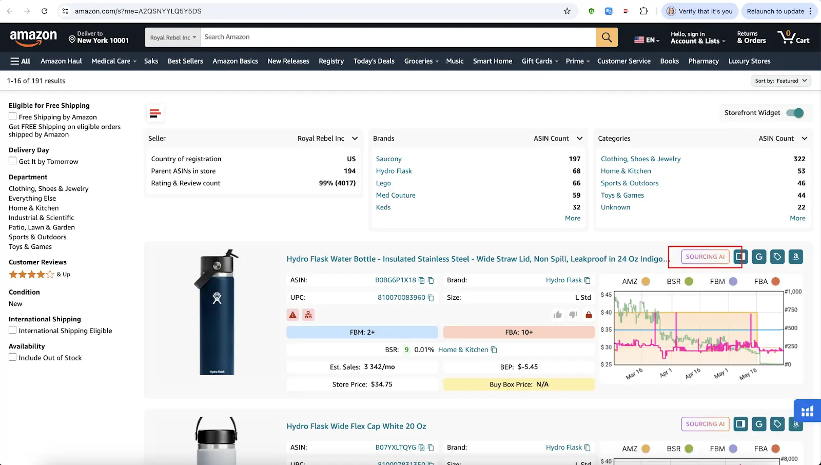 Sourcing AI en el Storefront Widget en el escaparate de un competidor de Amazon