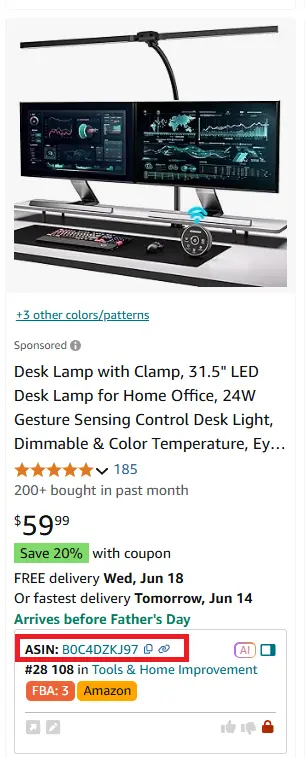 Quick View displays the product’s ASIN 