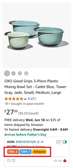 You can see how many FBA (Fulfillment by Amazon) and FBM (Fulfillment by Merchant) sellers offer the product.