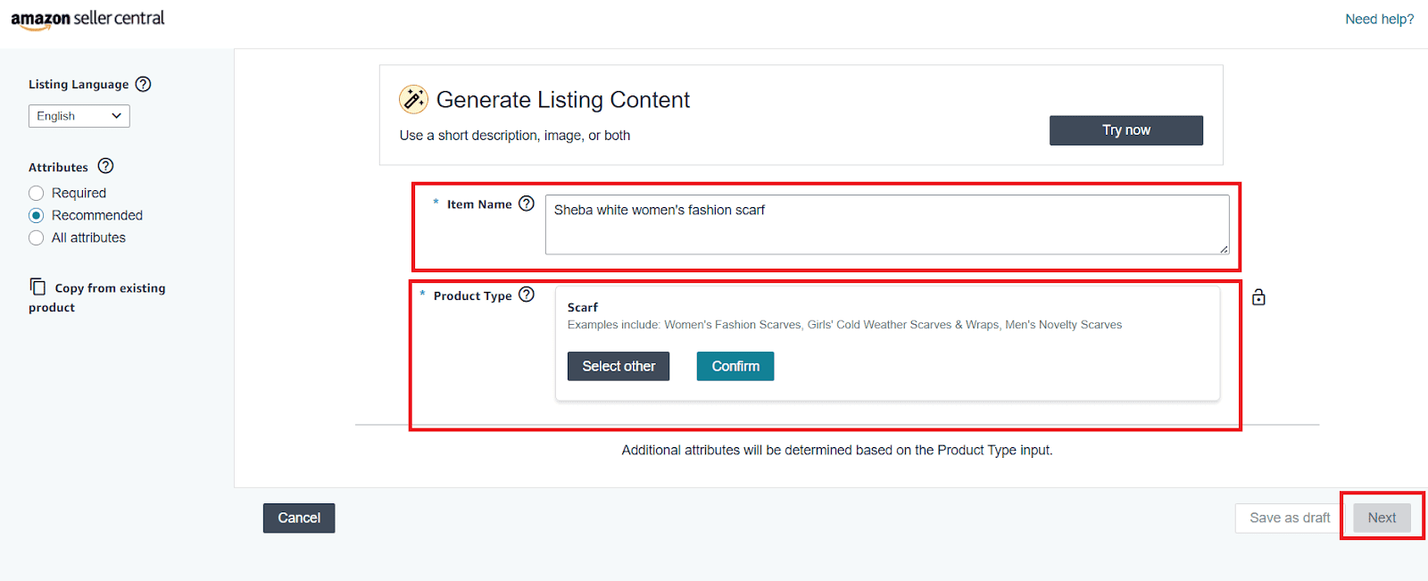 Add a brand and product ID, and click ‘Next.’ If you don’t have a product ID (UPC/EAN/ISBN), tick the box ‘I don’t have a product ID.’