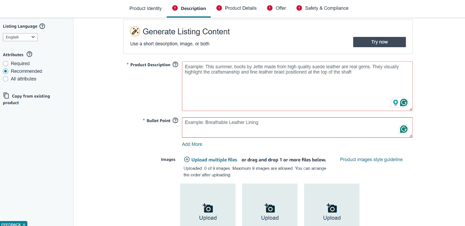 Fill in product description, bullet points, and upload images. Click ‘Submit.’