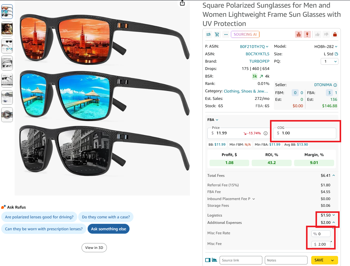 To calculate the figures, you must enter the COG and logistics costs (3PL, shipping costs, and prep center fees). 