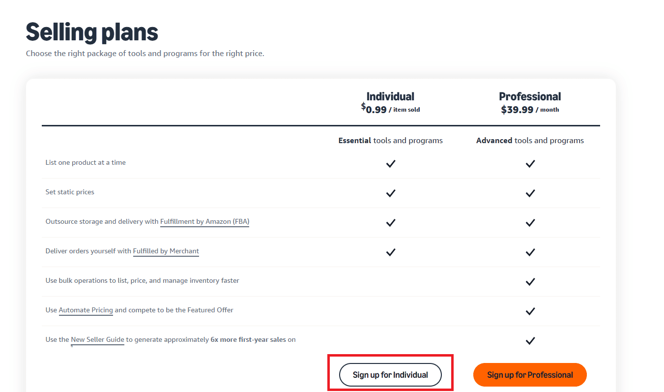 If you want to register for a Professional plan, click the “Sign up for Individual” button below the selling plans description.