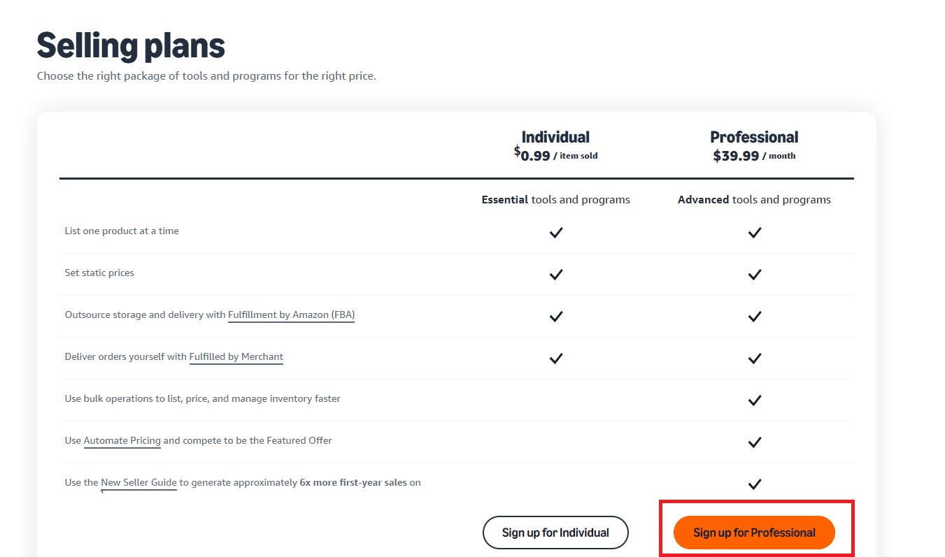 If you want to register for a Professional plan, click the “Sign up for Professional” button below the selling plans description.