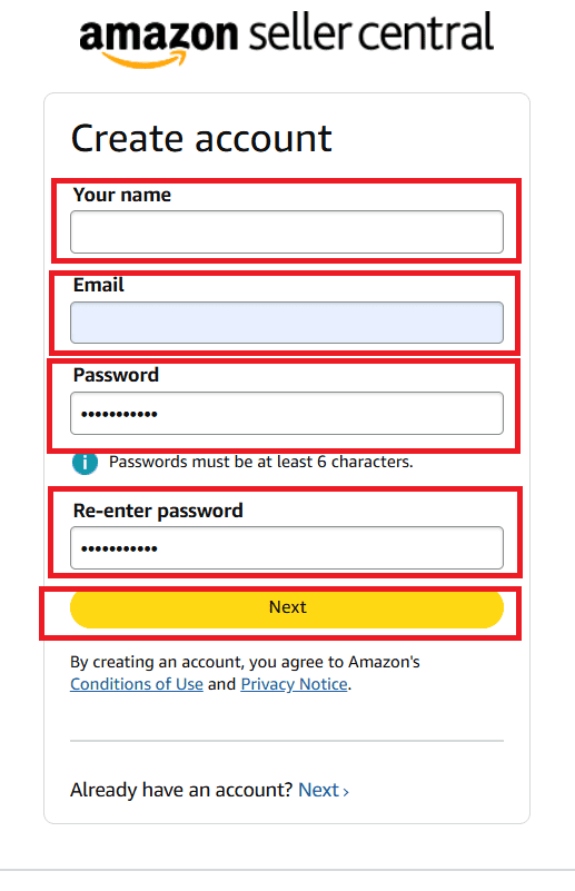 Enter your first and last name, email, and a password of at least 6 characters. 