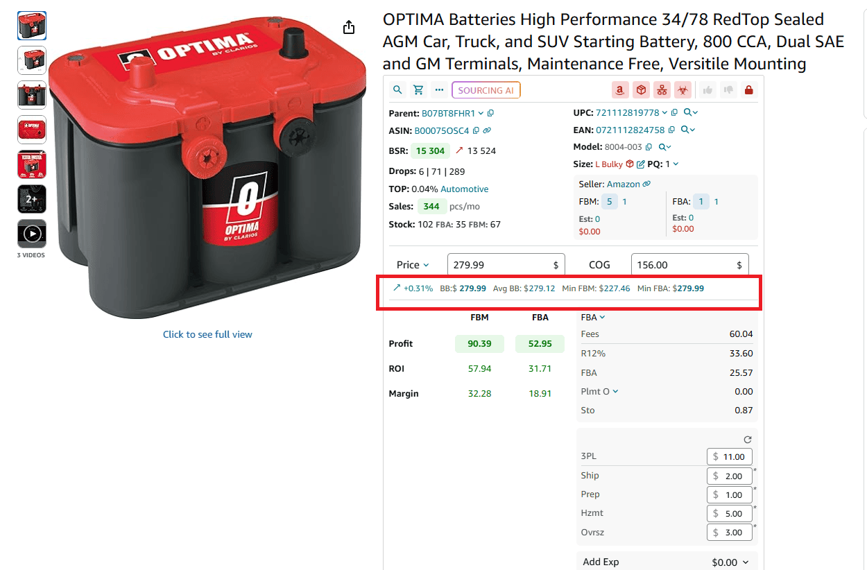 Analyze Buy Box averages vs. current min FBA/FBM prices to understand pricing dynamics.