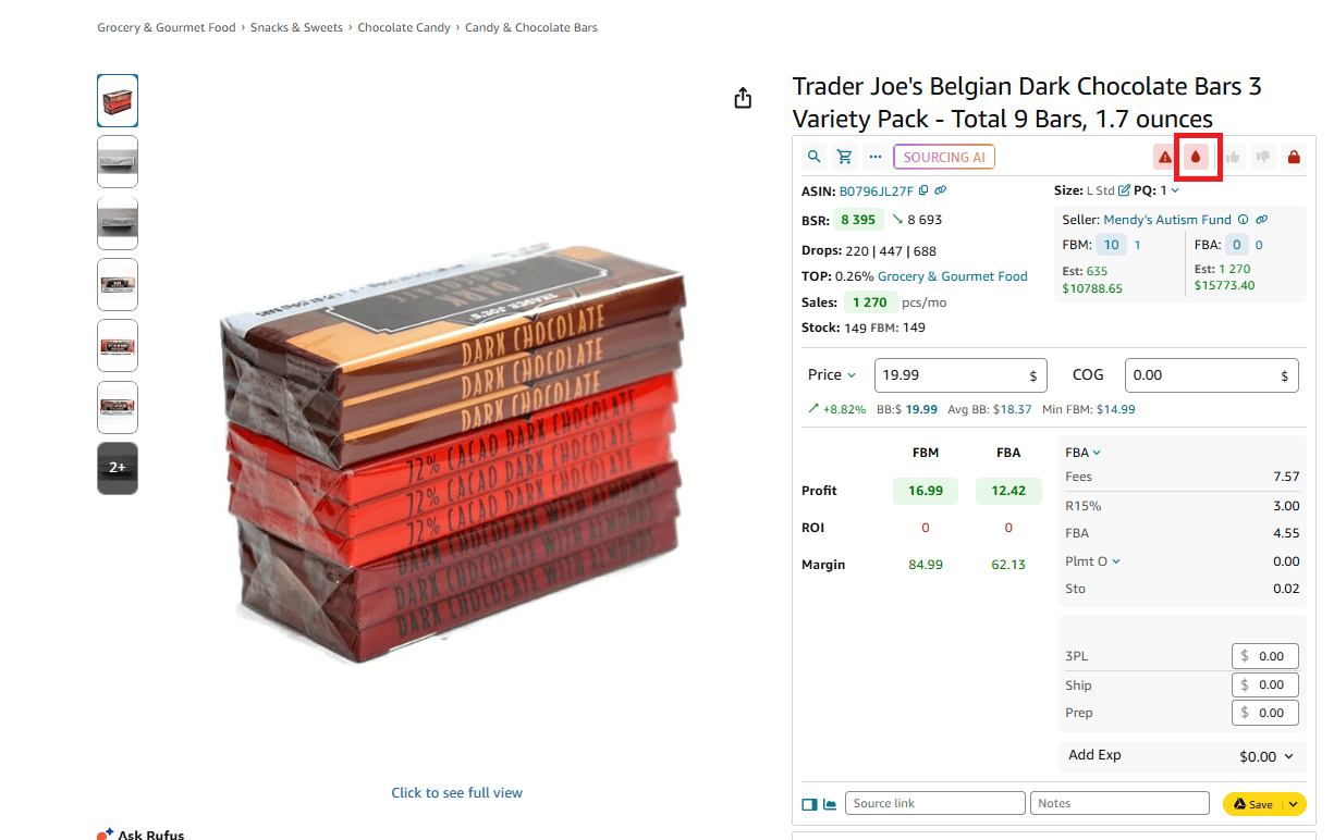 La Extensión de Navegador de Seller Assistant marca los productos fundibles con el icono de la Gota Roja en las páginas de detalles de productos de Amazon