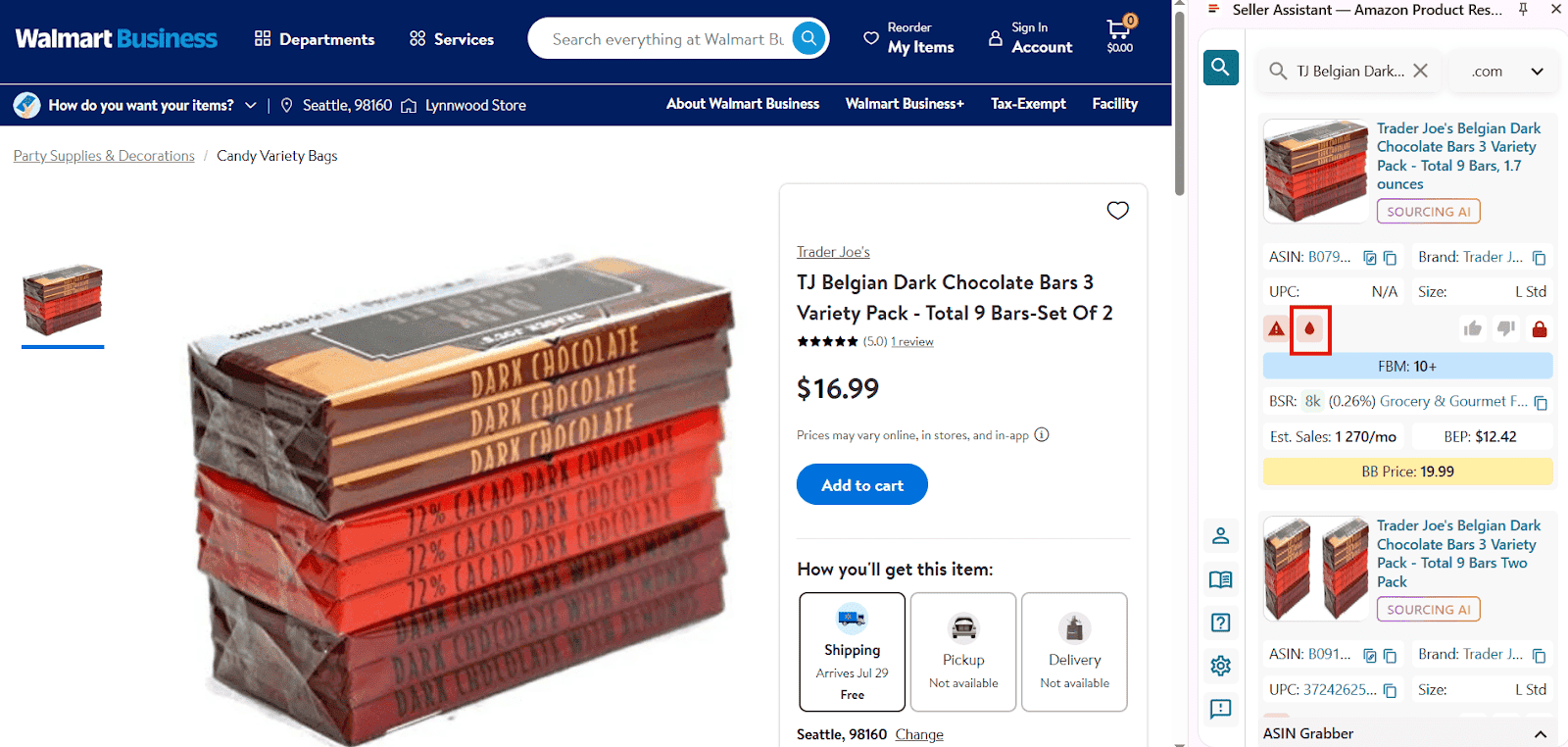 Seller Assistant Browser Extension marks meltable products with the Red Drop icon in the Side Panel View on supplier websites