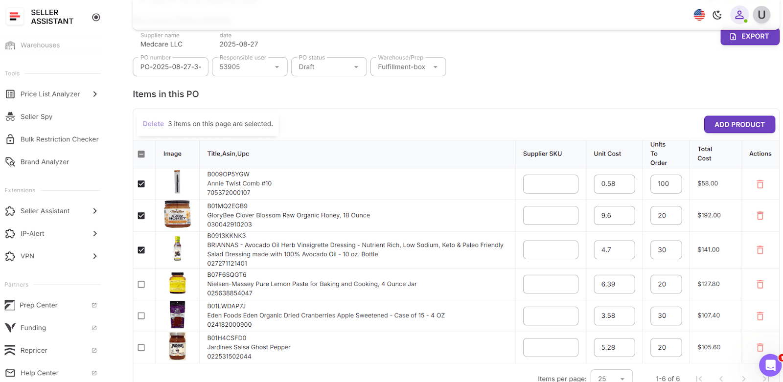 Click “Add products” and add products from Price List Analyzer (PLA) 