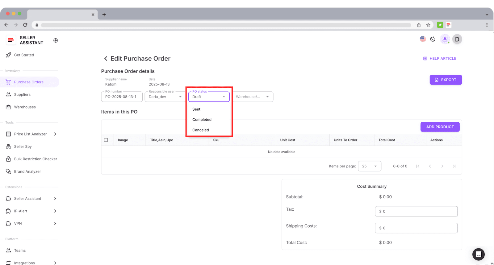 Monitor each PO as Draft, Sent, Completed, or Canceled inside the module.