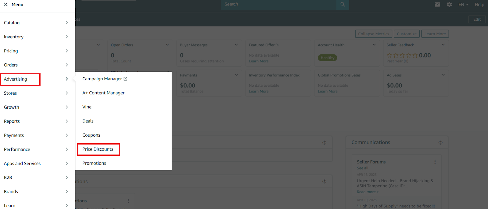Visit Seller Central, and select Advertising /> Price Discounts.